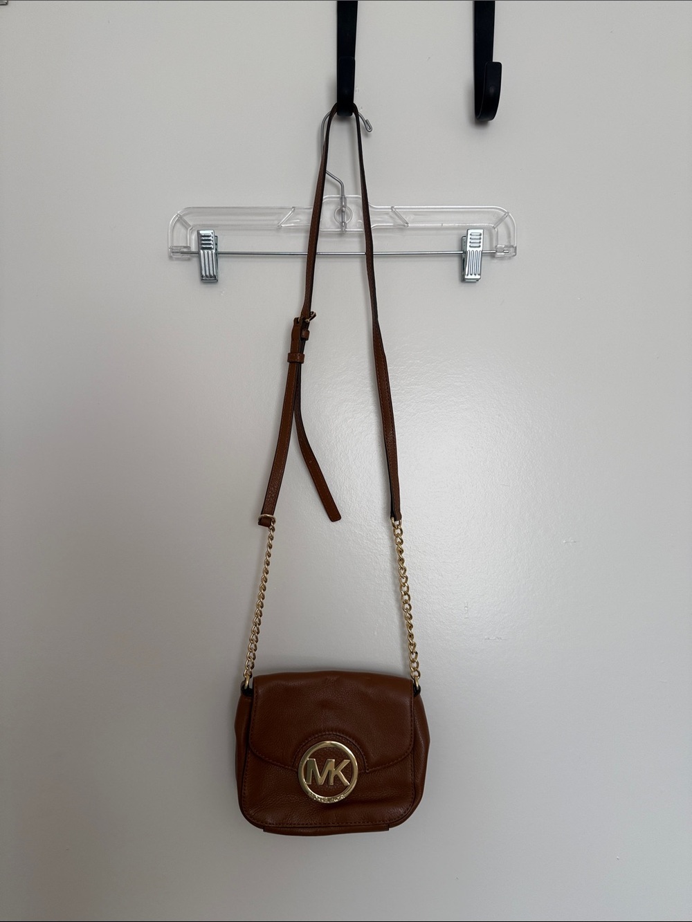 Michael Kors Cognac Leather Crossbody with Gold MK Emblem